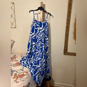 Blue & White Abstract Print Maxi Dress